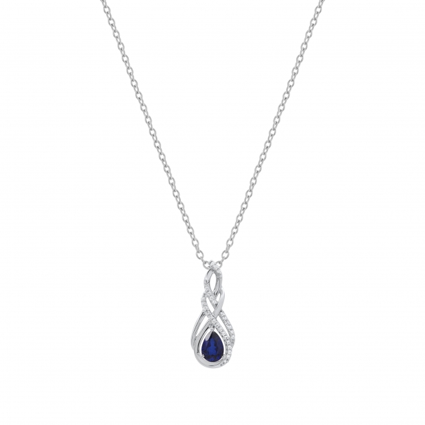 5X7 MM Pear Created Blue Sapphire & White Sapphire Ladies Swirl Teardrop Pendant, Sterling Silver