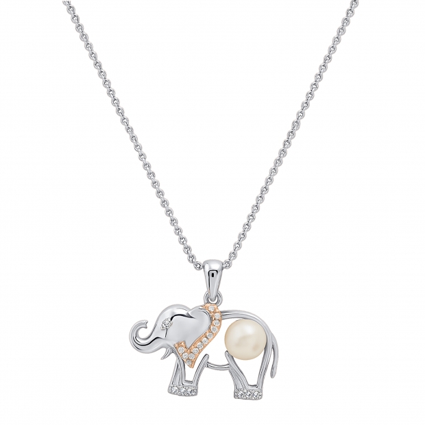 White Freshwater Pearl & White Sapphire Elephant Pendant with Silver Chain, 925 Sterling Silver