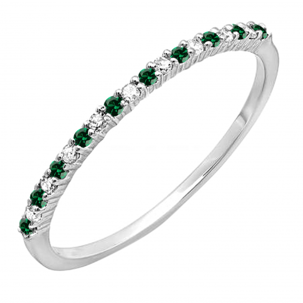 Round Lab Created Emerald & Natural White Diamond Stackable Wedding Band for Women in 14K White Gold