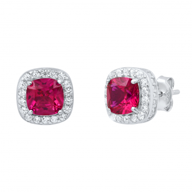 6 MM Cushion Lab Created Ruby & Round White Sapphire Halo Stud Earrings for Her | Sterling Silver