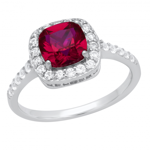 7 mm Cushion Lab Created Ruby & Round White Sapphire Ladies Halo Engagement Ring | Sterling Silver