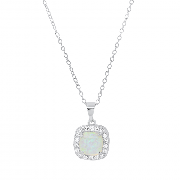 7 mm Cushion Lab Created Opal & Round White Sapphire Ladies Halo Pendant | 925 Sterling Silver