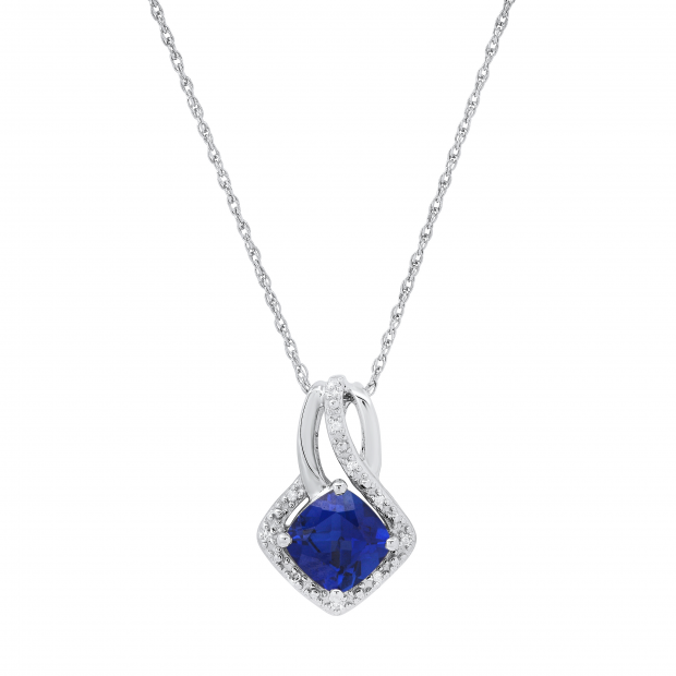 7 mm Cushion Lab Created Blue Sapphire Ladies Pendant with Natural Diamond Accents, Sterling Silver