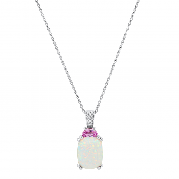 7.5X10mm Created Opal & Pink Sapphire Ladies Pendant with Natural Diamond Accent, 10K White Gold