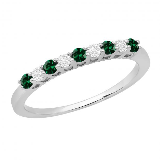 2 MM  Round Lab Created Emerald & Natural White Diamond 9 Stones Wedding Band |14K White Gold