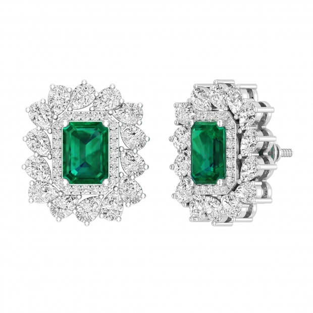 Emerald Cut Lab Created Emerald, Pear & Round White Diamond Halo Stud Earrings for Women in 925 Sterling Silver in Screw Back