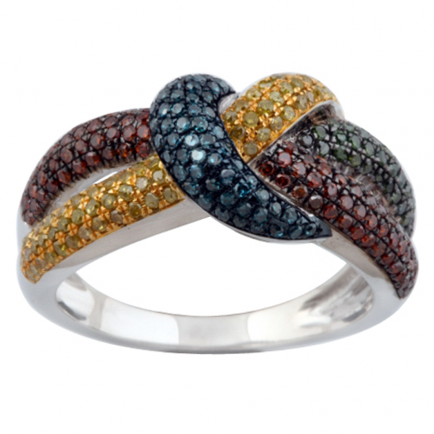 0.88 Carat (ctw) Sterling Silver Round Blue Red Yellow & Green Diamond Ladies Cocktail Right Hand Ring
