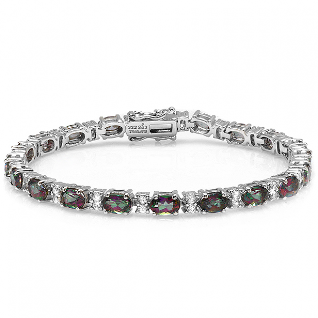 14.00 CT Real Oval & Round Cut Genuine Rainbow & White Topaz 925 Sterling Silver Tennis Bracelet (4 MM Width x 7.5 Inch Length)