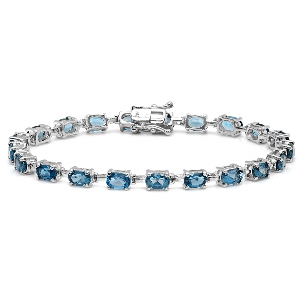 12.00 Carat (ctw) Sterling Silver Real Oval Cut Genuine Blue Topaz Ladies Tennis Bracelet (7.5 Inch Length x 4 MM Wide)