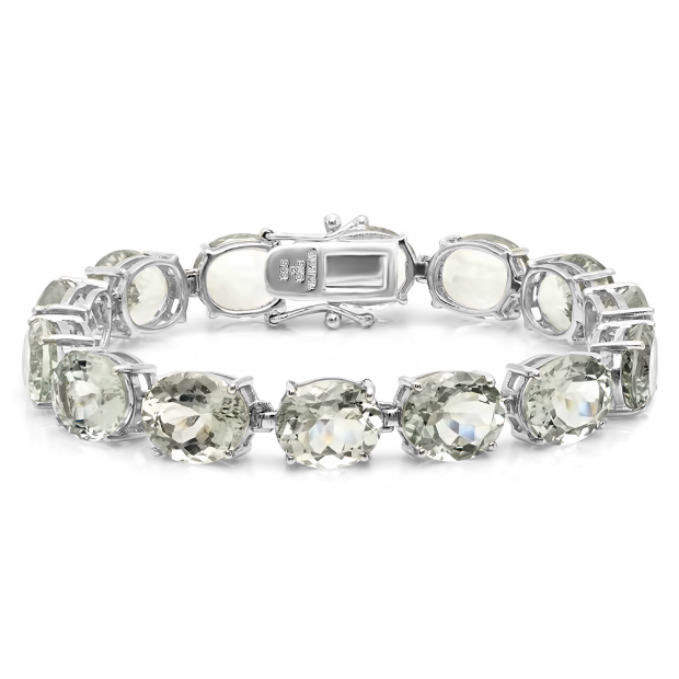 63.00 Carat (ctw) Sterling Silver Real Oval Cut Genuine Green Amethyst Ladies Tennis Bracelet (7.25 Inch Length x 10 MM Wide)
