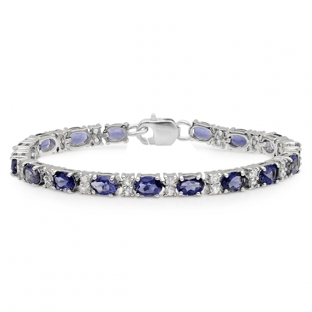 22.14 Carat (ctw) Sterling Silver Oval Shape Iolite & Round Cut White Topaz Ladies Tennis Bracelet (7 Inch Length)