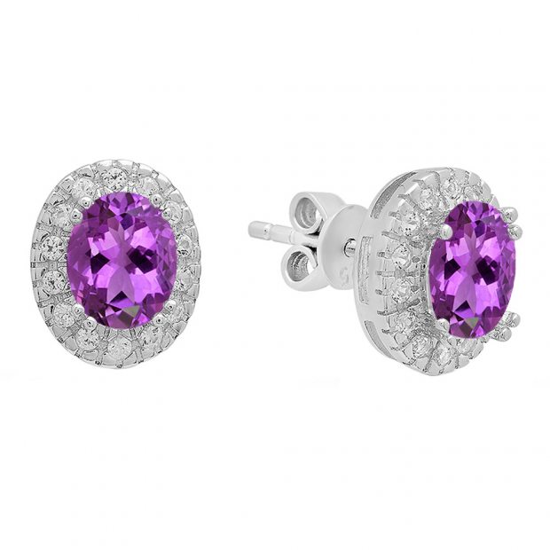 Sterling Silver Oval Cut Amethyst & Round White Sapphire Ladies Halo Style Fashion Stud Earrings