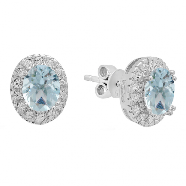 Sterling Silver Oval Cut Aquamarine & Round White Sapphire Ladies Halo Style Fashion Stud Earrings