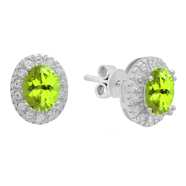 Sterling Silver Oval Cut Peridot & Round White Sapphire Ladies Halo Style Fashion Stud Earrings