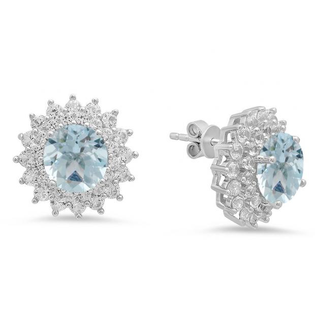 Sterling Silver Round Cut Aquamarine & White Sapphire Ladies Halo Style Fashion Stud Earrings
