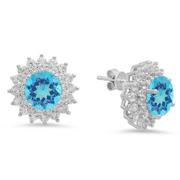 Sterling Silver Round Cut Blue Topaz & White Sapphire Ladies Halo Style Fashion Stud Earrings