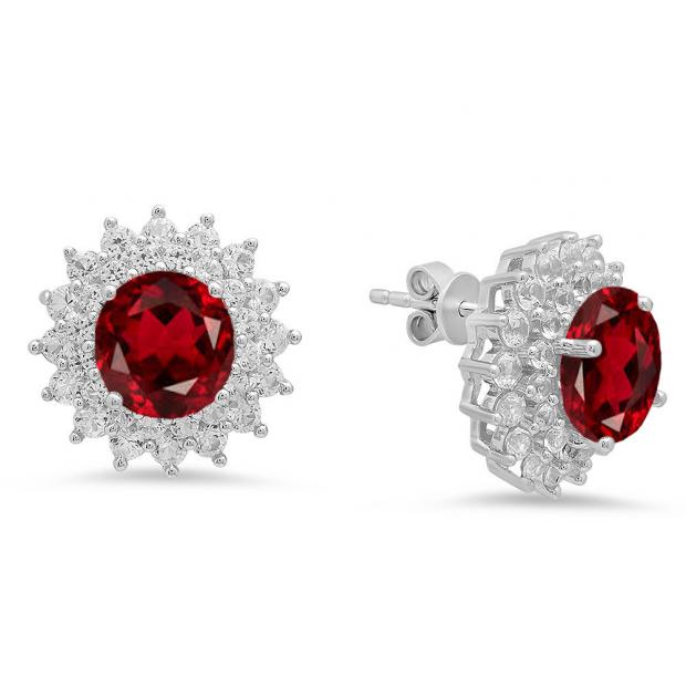 Sterling Silver Round Cut Garnet & White Sapphire Ladies Halo Style Fashion Stud Earrings