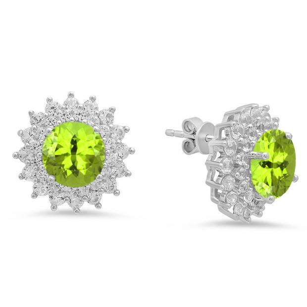 Sterling Silver Round Cut Peridot & White Sapphire Ladies Halo Style Fashion Stud Earrings