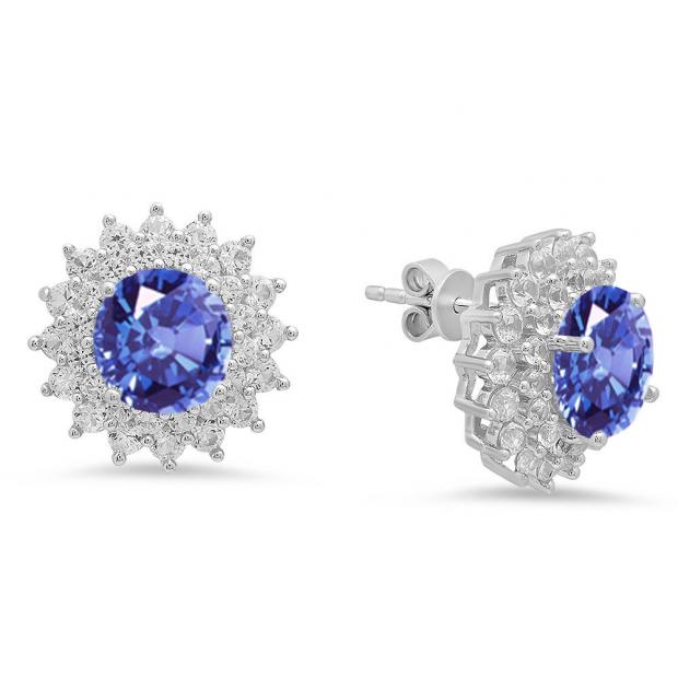 Sterling Silver Round Cut Tanzanite & White Sapphire Ladies Halo Style Fashion Stud Earrings