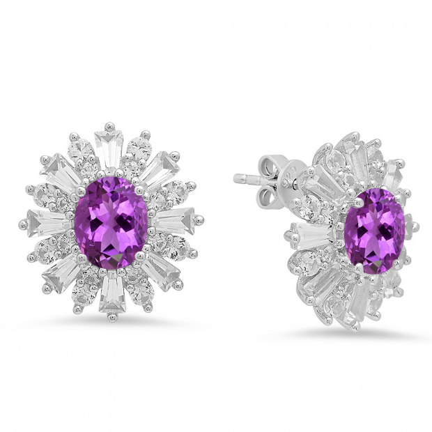 Sterling Silver Oval Cut Amethyst Round white sapphire & Taper Cut white topaz Ladies Snowflake Style Fashion Stud Earrings