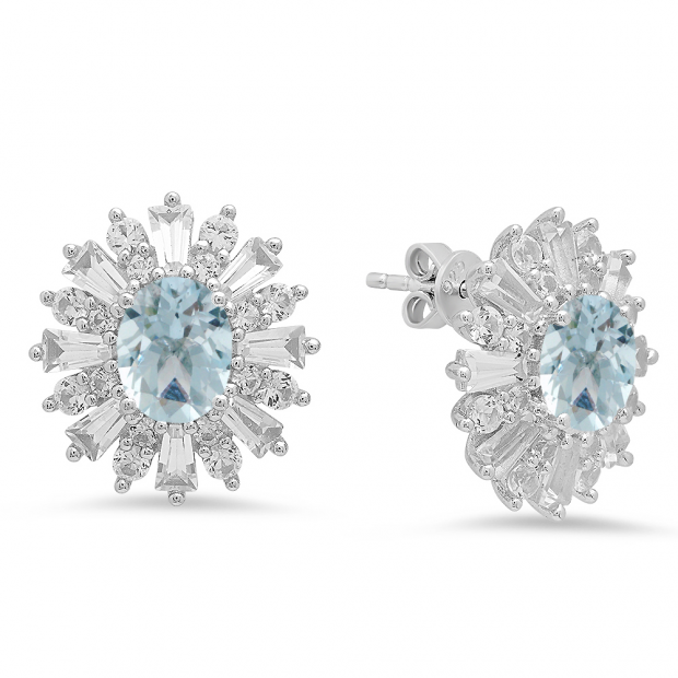 Sterling Silver Oval Cut Aquamarine Round white sapphire & Taper Cut white topaz Ladies Snowflake Style Fashion Stud Earrings
