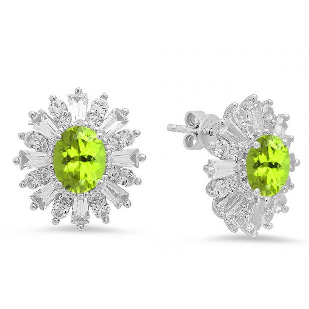 Sterling Silver Oval Cut Peridot Round white sapphire & Taper Cut white topaz Ladies Snowflake Style Fashion Stud Earrings