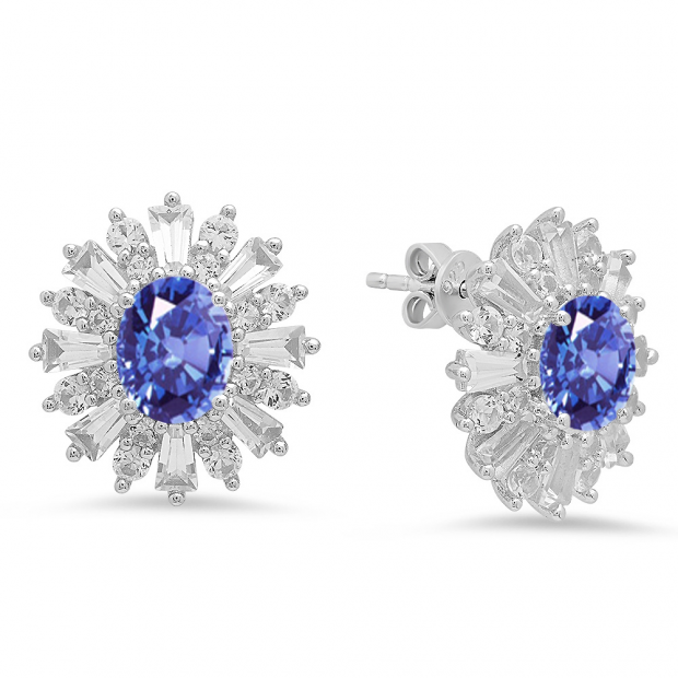 Sterling Silver Oval Cut Tanzanite Round white sapphire & Taper Cut white topaz Ladies Snowflake Style Fashion Stud Earrings