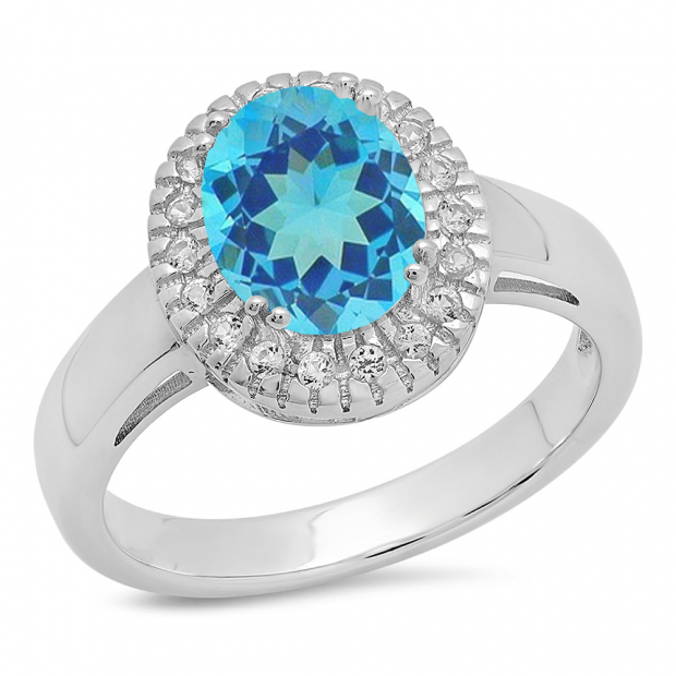 Sterling Silver Oval Cut Blue Topaz & Round White Sapphire Ladies Halo Style Bridal Engagement Ring