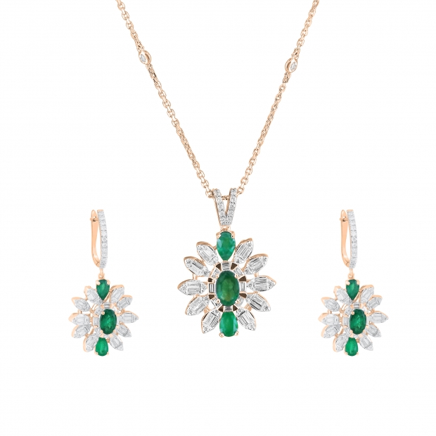 5x3mm Oval, Pear,Baguette & Round White Diamond Flower Cocktail Pendant Necklace and Dangle Earrings Set for Women in 18K Rose Gold
