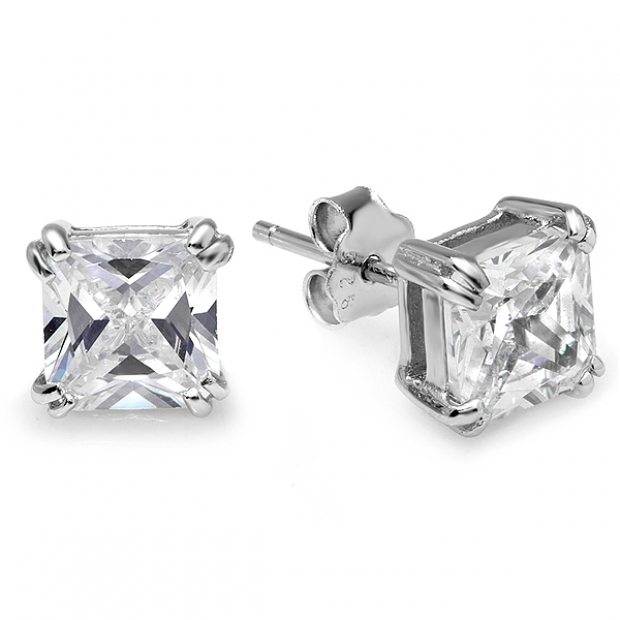 2.00 CT Sterling Silver White Stud Earrings Square Asscher cut CZ 6.5 MM Cubic Zirconia Double Prong Basket Setting Pushback Post