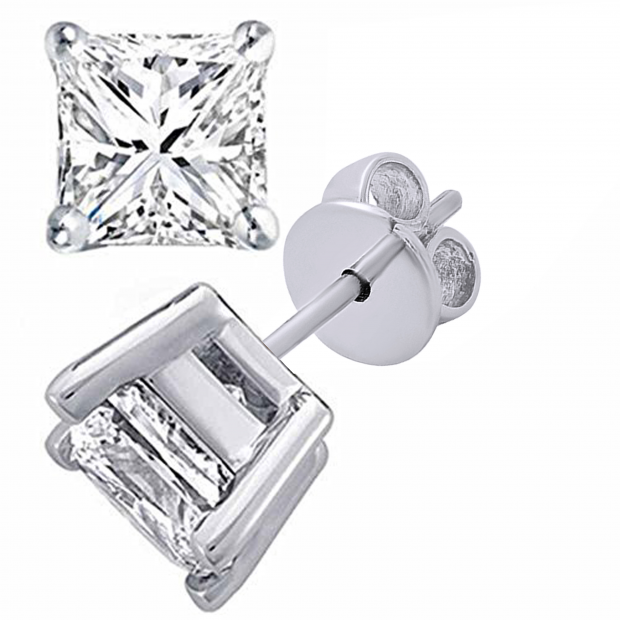Princess Moissanite Ladies Solitaire Fashion Stud Earrings, 14K White Gold