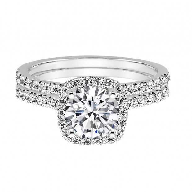 GRA Certified D Color VVS1 1.50 Cttw Round Moissanite Halo Bridal Wedding Ring Set for Women in 925 Sterling Silver