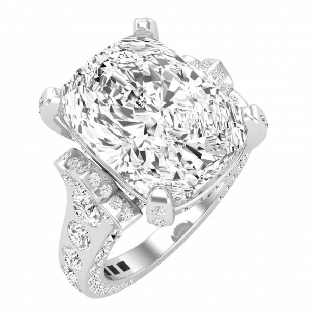 13.40x10.00mm Elongated Cushion & Round Moissanite 4 Prong Engagement Ring, 925 Sterling Silver