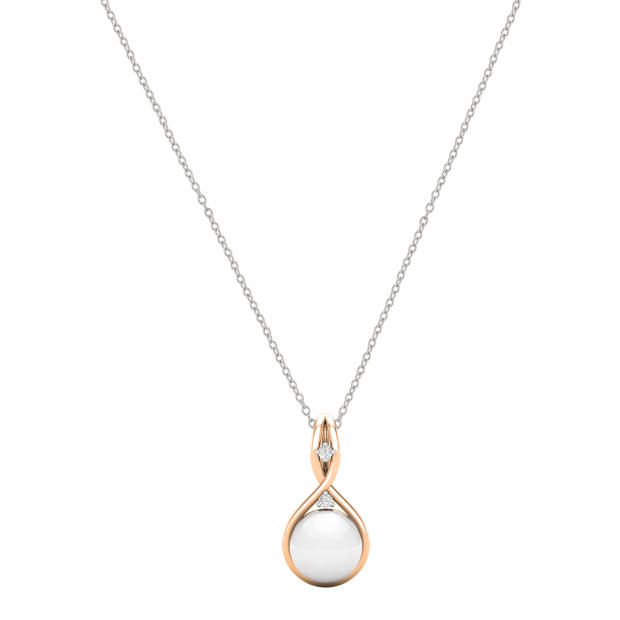 Round 8mm Cultured Freshwater Pearl & White Diamond Accent Charm Eternal Twist Pendant with 18 inch Silver Chain for Women in 18K Rose Gold