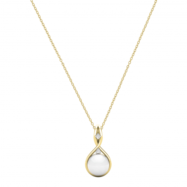Round 8mm Cultured Freshwater Pearl & White Diamond Accent Charm Eternal Twist Pendant with 18 inch Gold Chain for Women in 14K Yellow Gold