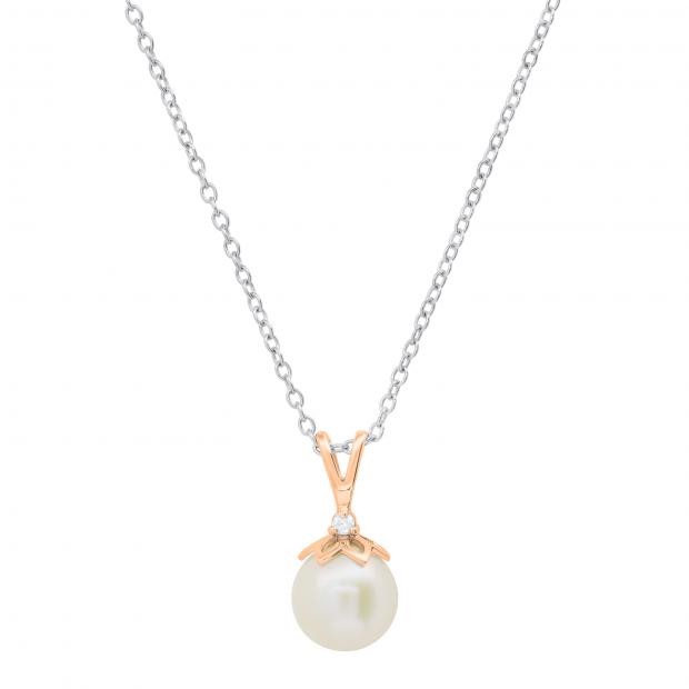 Round 8mm Cultured Freshwater Pearl & 0.03 CT White Diamond Solitaire Pendant with 18 inch Silver Chain for Women in 14K Rose Gold