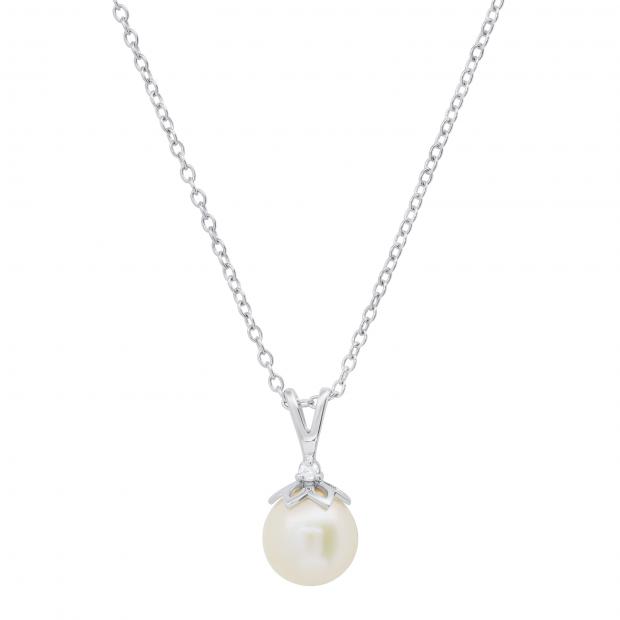 Round 8mm Cultured Freshwater Pearl & 0.03 CT White Diamond Solitaire Pendant with 18 inch Silver Chain for Women in 925 Sterling Silver