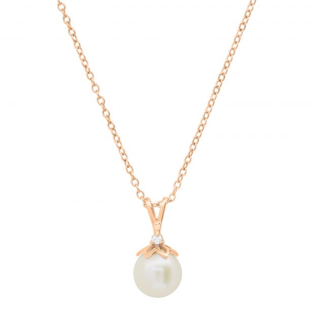 Round 8mm Cultured Freshwater Pearl & 0.03 CT White Diamond Solitaire Pendant with 18 inch Gold Chain for Women in 10K Rose Gold