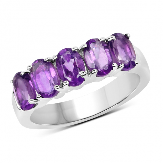 Sterling Silver Oval Cut Amethyst Ladies 5 Stone Bridal Engagement Ring