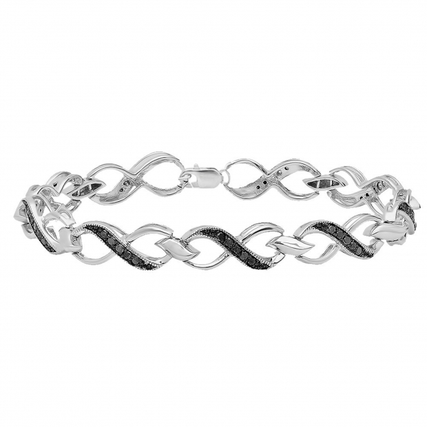 0.75 Carat (ctw) Sterling Silver Round Black Diamond Ladies Infinity Heart Tennis Link Bracelet 3/4 CT
