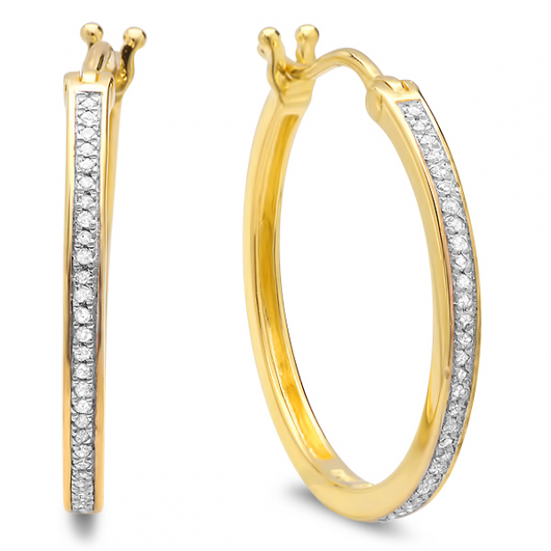 0.25 Carat (ctw) 18k Yellow Gold Plated Sterling Silver Round Diamond Ladies Hoop Earrings