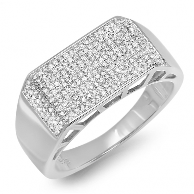 0.85 Carat (ctw) Platinum Plated Sterling Silver Round Cut Diamond Mens Flashy Hip Hop Pinky Ring