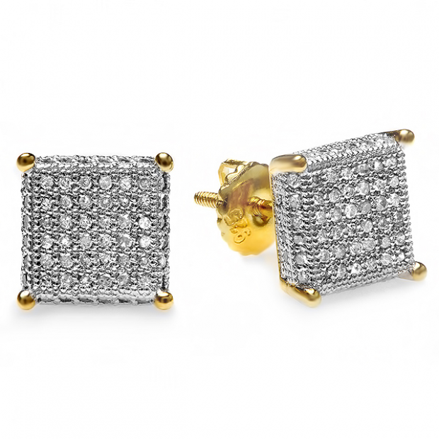 0.65 Carat (ctw) 18k Yellow Gold Plated Sterling Silver Diamond Dice Shape Ice Cube Mens Hip Hop Iced Stud Earrings