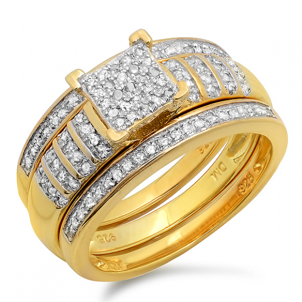0.36 Carat (ctw) 18K Yellow Gold Plated Sterling Silver Round White Diamond Womens Micro Pave Engagement Ring Trio Bridal Set 1/3 CT