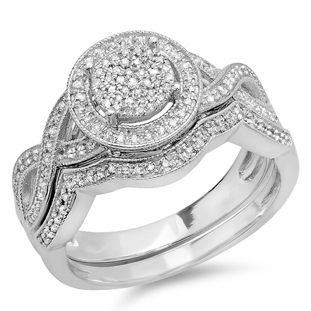 0.55 Carat (ctw) 10K White Gold Round White Diamond Womens Micro Pave Engagement Ring Set 1/2 CT