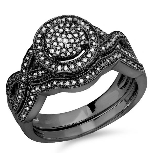 0.55 Carat (ctw) Black Rhodium Plated Sterling Silver Round White Diamond Womens Micro Pave Engagement Ring Set 1/2 CT
