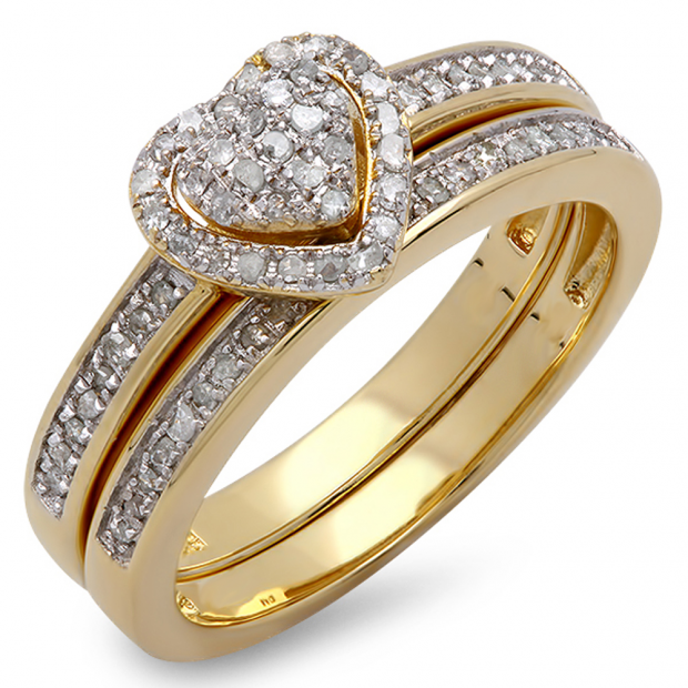 0.25 Carat (ctw) 14k Yellow Gold White Diamond Ladies Heart Bridal Engagement Ring Set 1/4 CT