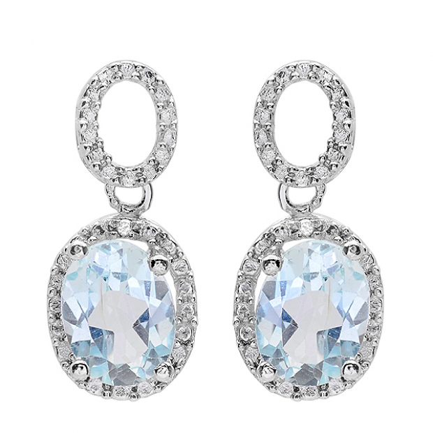 2.83 Carat (ctw) Sterling Silver Round Diamond Oval Blue Topaz Ladies Dangling Stud Earrings