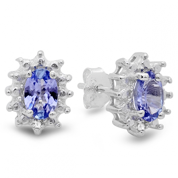 1.00 Carat (ctw) Sterling Silver Round Diamond Oval Tanzanite Ladies Stud Earrings 1 CT