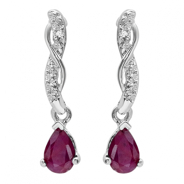 1.14 Carat Pear-Shaped Red Ruby & Round Diamond Dangling Stud Earrings for Women in 925 Sterling Silver
